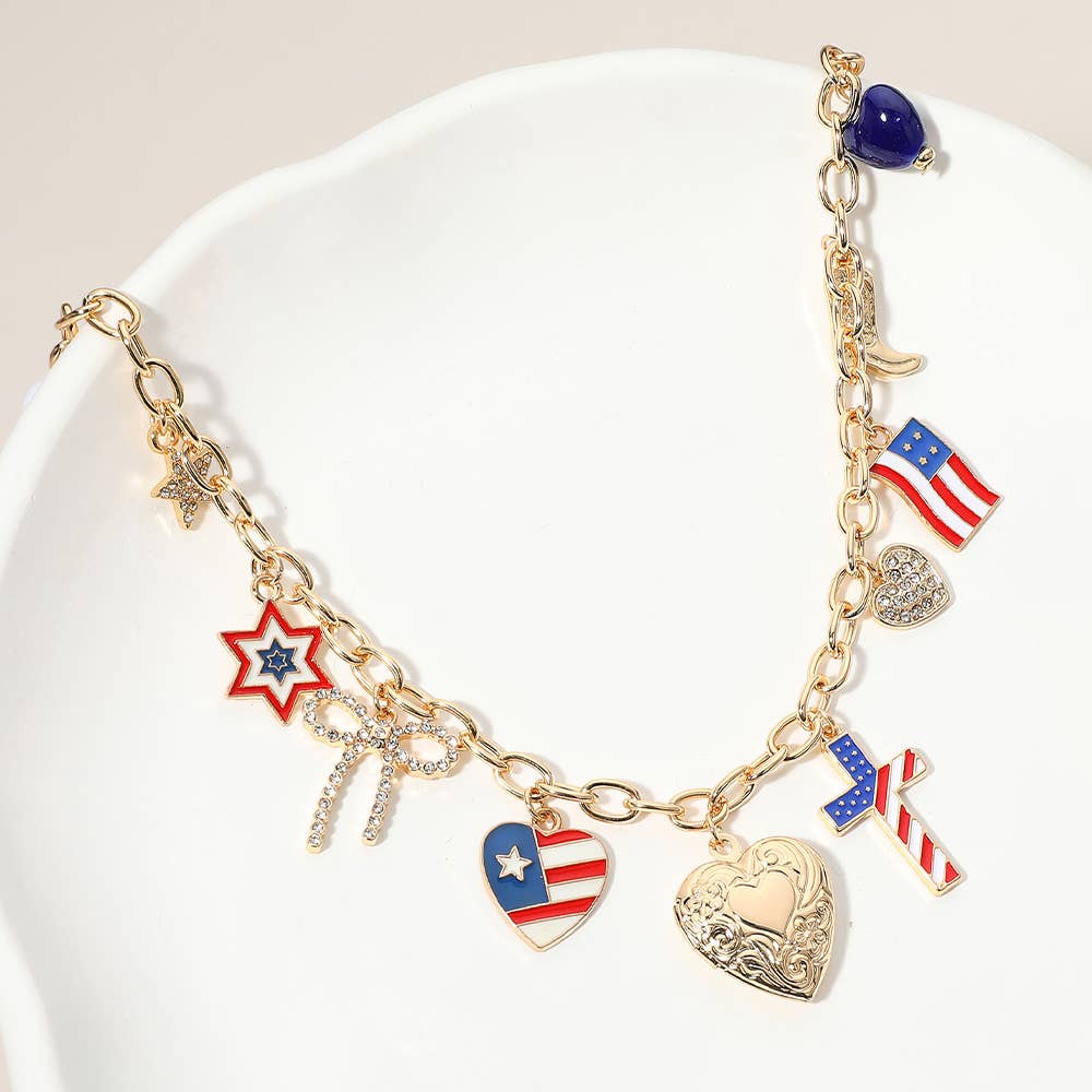 Sensibling Corp. - Wholesale Pendant/Charm Necklace - Enamel American USA Flag Heart Cross Star Bow Charm Necklace3
