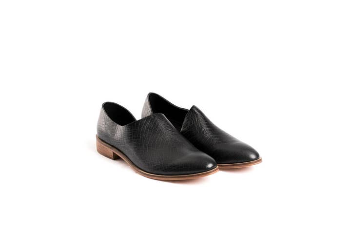 Women's "Marie" Black Crocodile Print Embossed Leather Flat for wholesale on Faire0