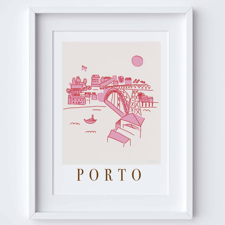 Porto, Portogallo, scena di paesaggio urbano rosa, stampa A4 per la vendita all'ingrosso da parte di Holly Francesca