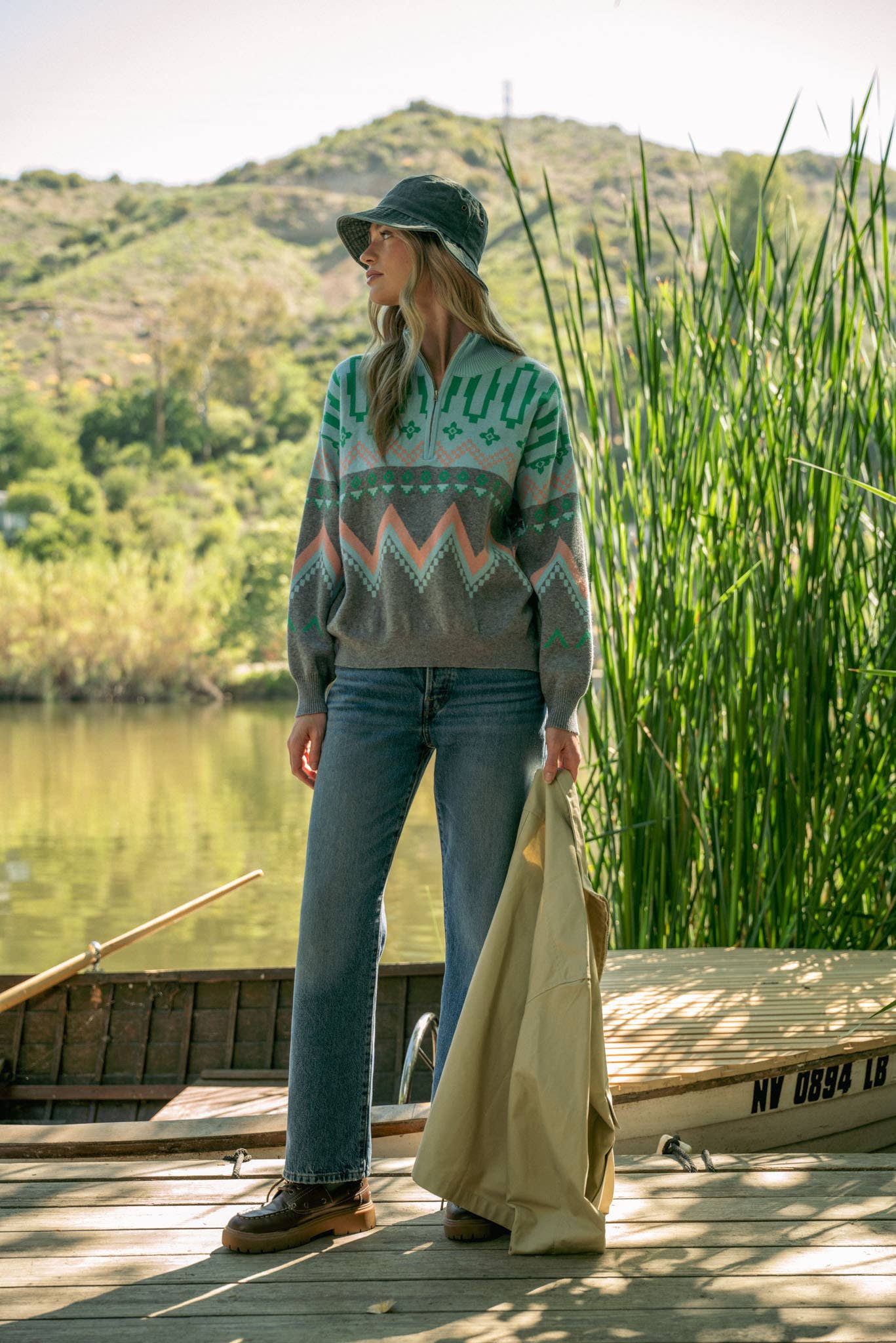 Burgundy Multi GEOMETRIC KNIT MOCK NECK HALF ZIP PULLOVER SWEATER MSW10885 for wholesale on Faire21