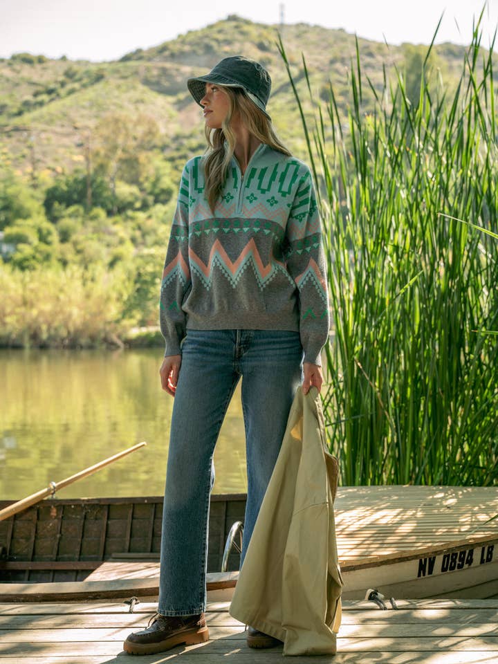 Burgundy Multi GEOMETRIC KNIT MOCK NECK HALF ZIP PULLOVER SWEATER MSW10885 for wholesale on Faire21