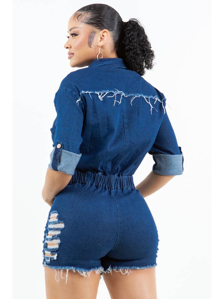 Uptown Apparel - Wholesale Romper - Women's - J7802 LONG SLEEVE WASHED AND DISTRESSED DENIM ROMPER