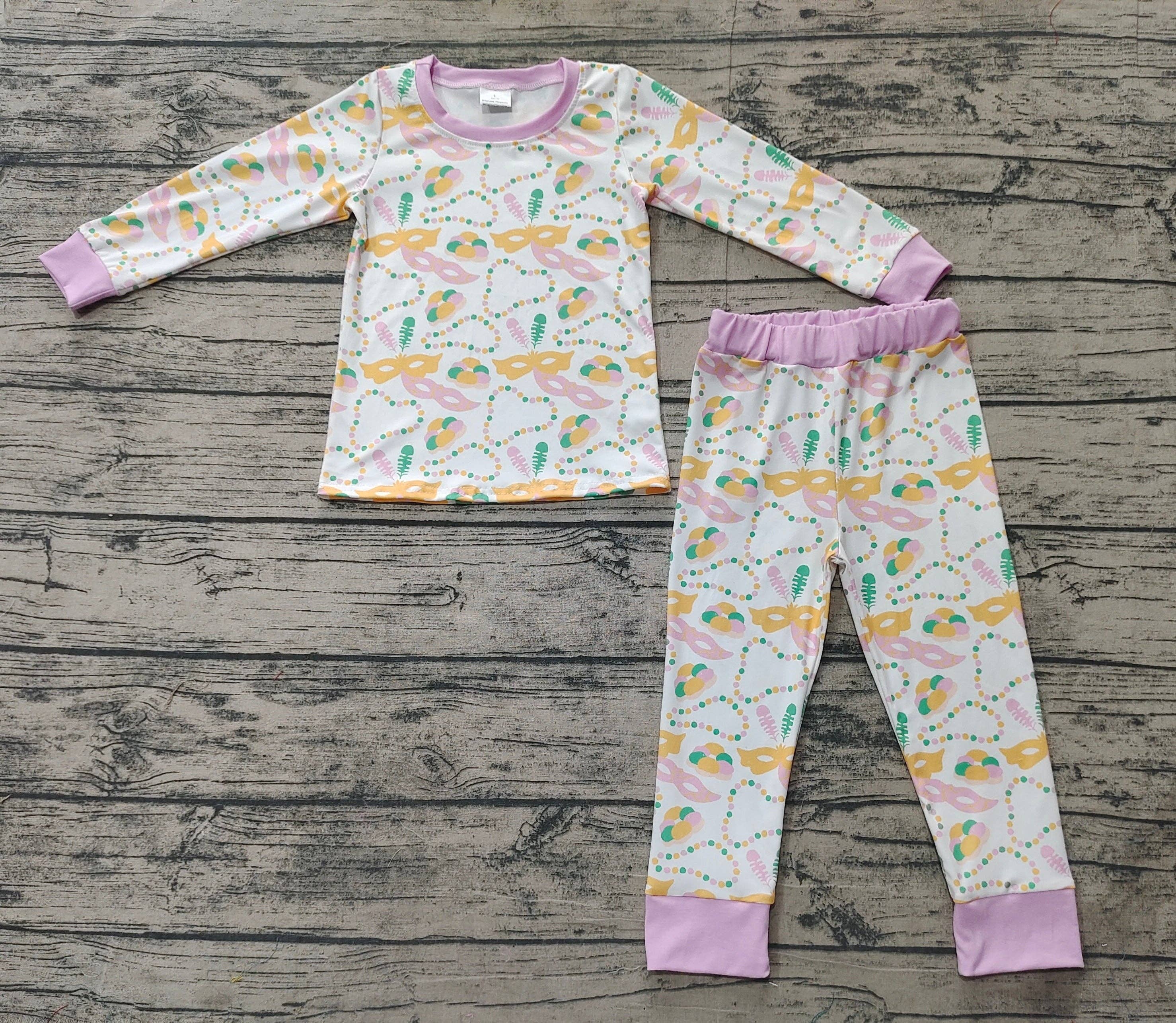 Aier Wholesale - Vente Haut et bas de pyjama – enfant - Ensembles de vêtements pour bébés filles : masques de Mardi Gras, chemises lavande, pantalons, pyjamas.1