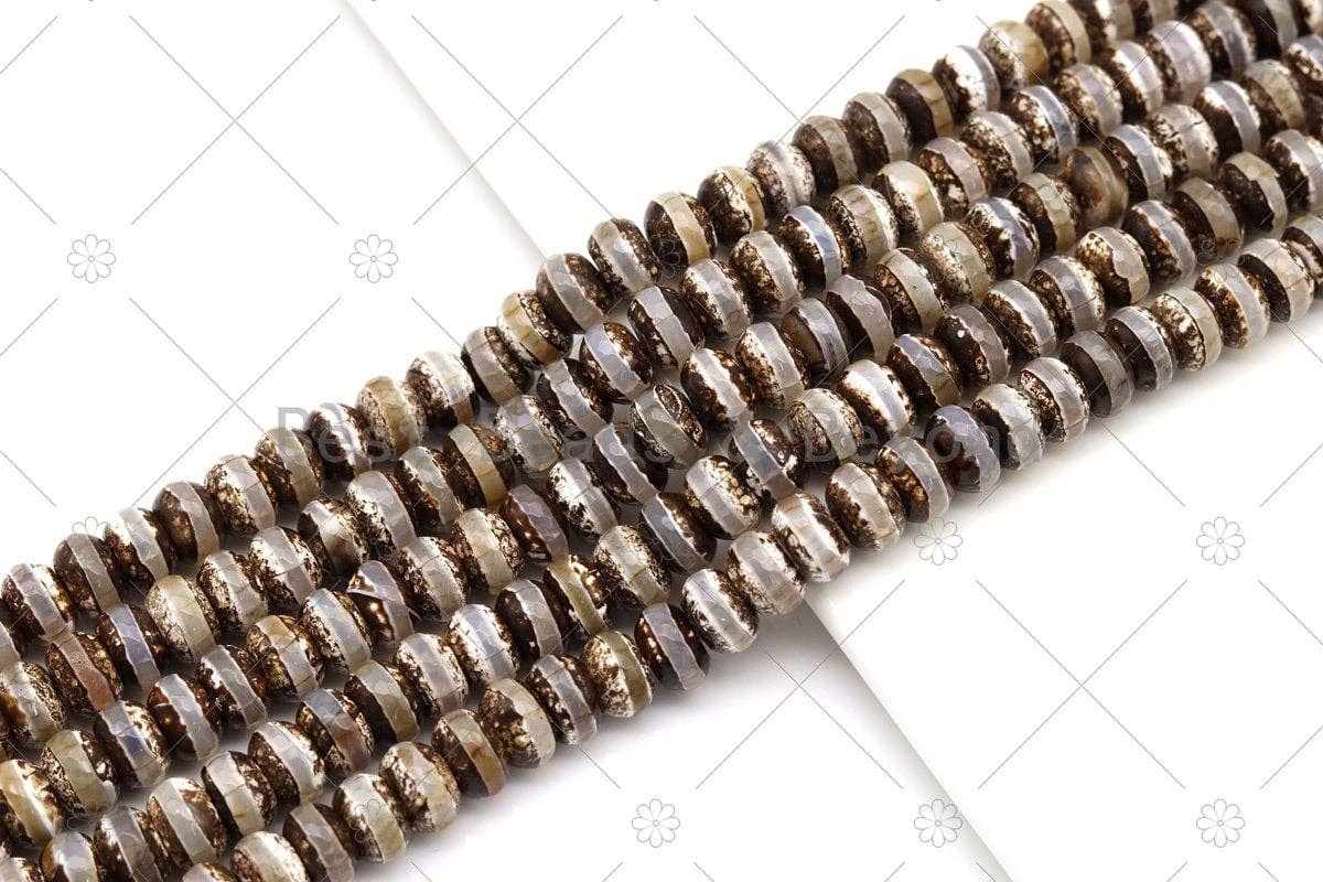 BestBeads&Beyond - Wholesale Beads - Quality DZI Brown Cream White Agate Beads, Rondelle with One line Tibetan Agate Beads, 8x12mm/12x16mm Agate,15'' Full Strand, SKU#U11810