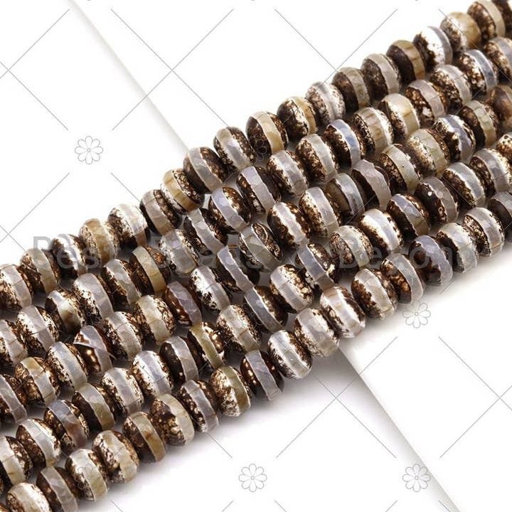 Quality DZI Brown Cream White Agate Beads, Rondelle with One line Tibetan Agate Beads, 8x12mm/12x16mm Agate,15'' Full Strand, SKU#U1181 for wholesale by BestBeads&Beyond