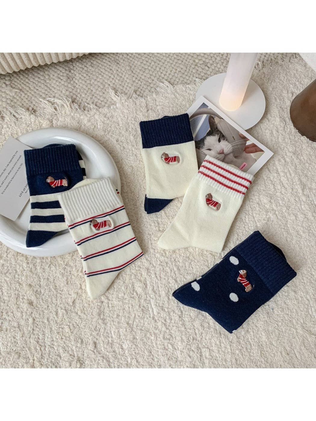 Funkyrel® Atzbranding Limited - Wholesale Sokken - Dames - Rufia - Cartoon Hond Geborduurde Gestreepte Sokken7