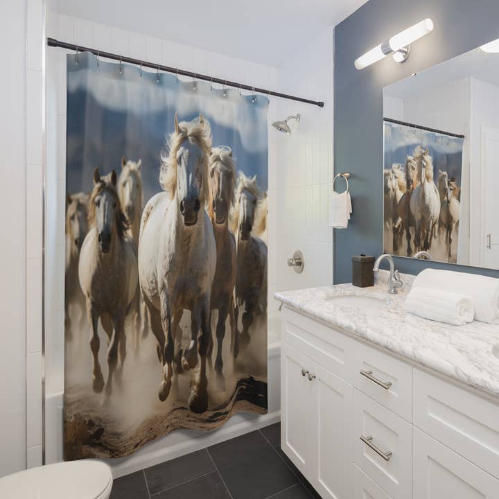 Tenda da doccia Quarter Horse, stile bohémien, stile country, tenda da bagno a tema Western Horse, idea regalo per attività equestri per la vendita all'ingrosso da parte di Outlaw Design Crafts and Gifts