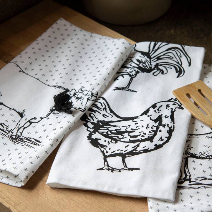 Foreside Home & Garden - Wholesale Tea Towel - Logan Set 3 Farm Design Kitchen Tea Towel with Tassels0