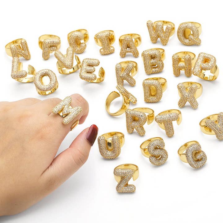 JOSSLYN by wall to wall - Wholesale Single Stone/Solitaire Ring - INITIAL MONOGRAM PAVE RHINESTONE BUBBLE RING | 40R101