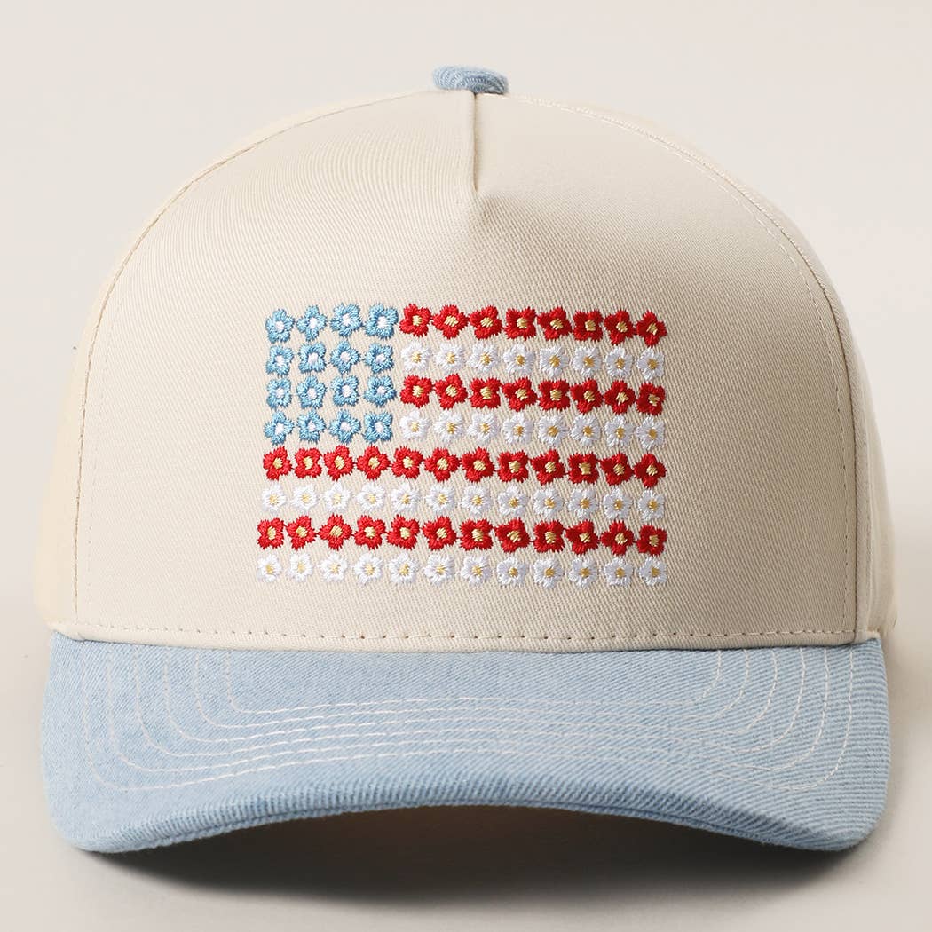 Floral American Flag Embroidered Two-Tone Denim Trucker Hat for wholesale on Faire2