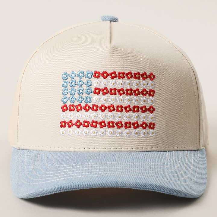 Floral American Flag Embroidered Two-Tone Denim Trucker Hat for wholesale on Faire2