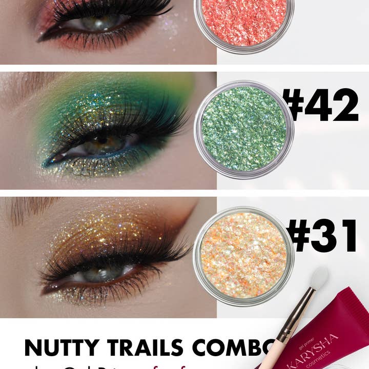 Combo Fards à Paupières Pailletés Nutty Trails Teintes #34, #42, #31 & Base Gel Offerte pour la vente par KARYSHA Cosmetics