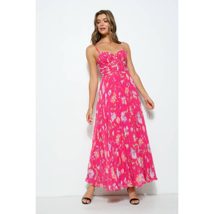 HOTPINK MULTI Floral Ruched Bustier Pleated Maxi Dress for wholesale on Faire