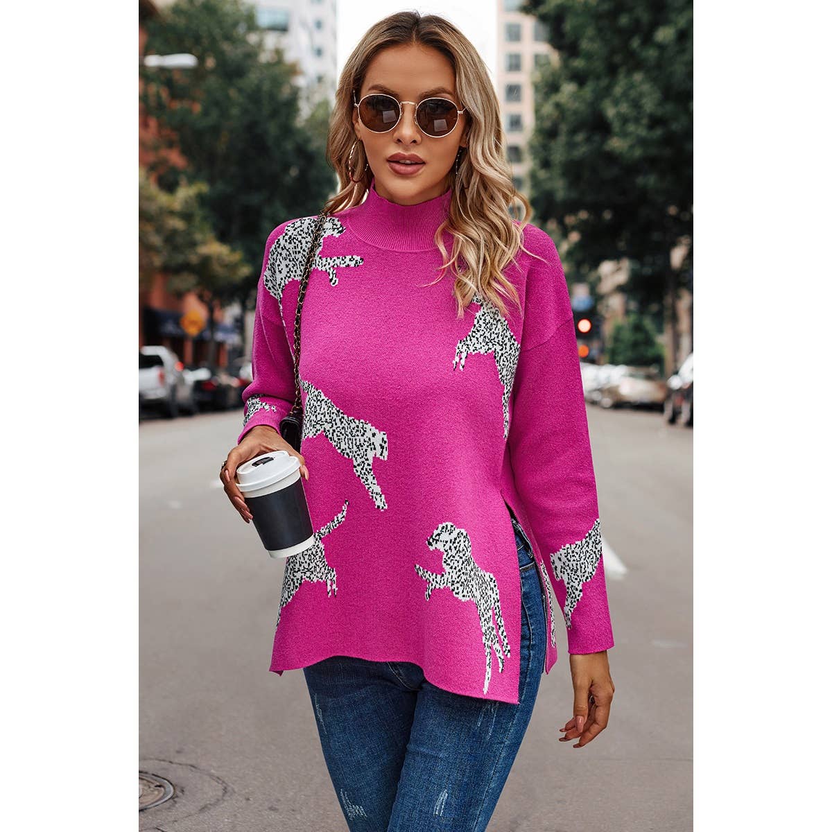 FUCHSIA Leopard Turtleneck Drop Shoulder Knit Sweater for wholesale on Faire0