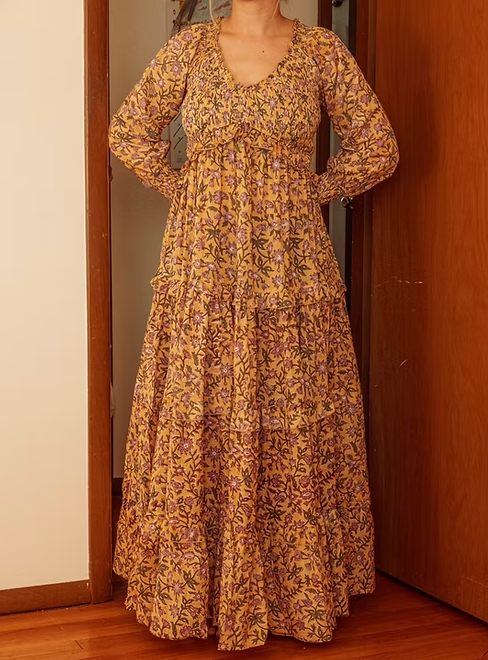 Gardenbelle Shop - Vente Robe – femme - Robe longue imprimée en blocs de coton biologique, robe florale EMILIA12