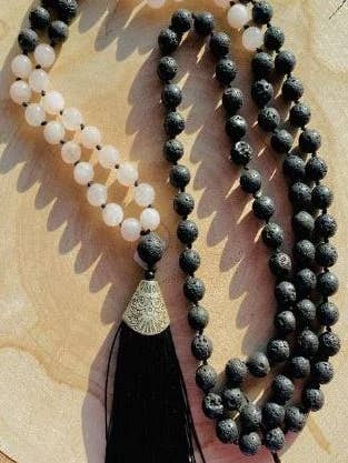Tibetan Mala, 8mm: Lava with Rose Quartz for wholesale by Sansaara Living