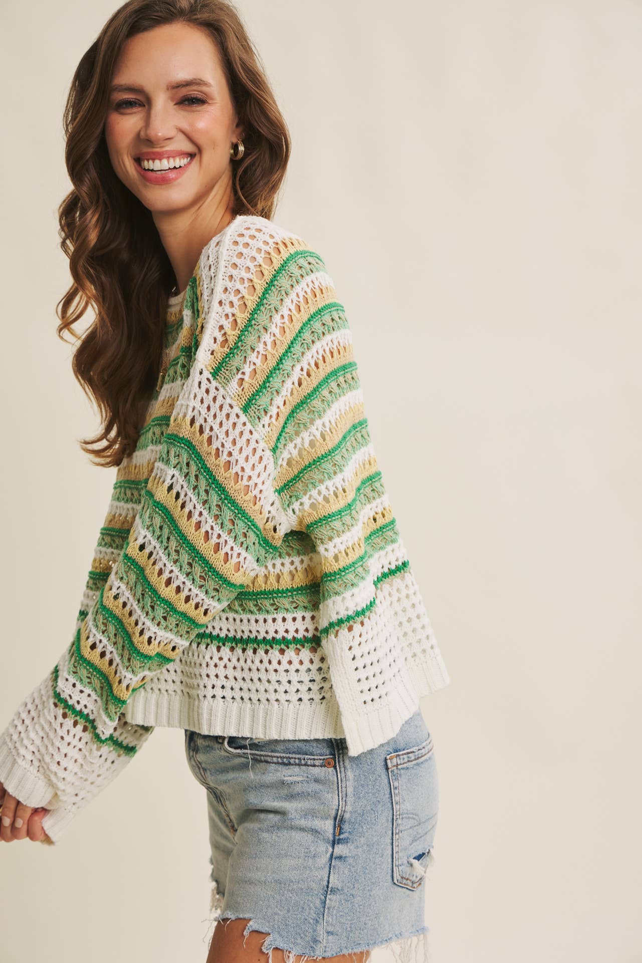 in february - Wholesale Knit Sweater - Women's - BRIGHT VIBRANT MULTI STRIPE LOOSE FIT CROCHET SWEATER TOP20