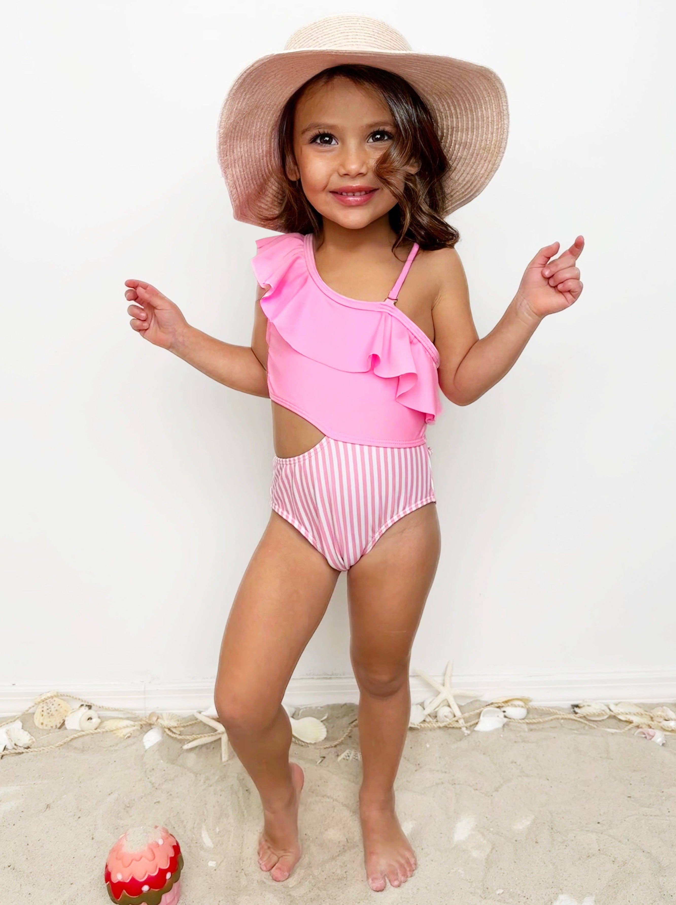 Pink Swimsuit w/ Stripe Details, Cut-Outs, & Ruffles for wholesale on Faire6