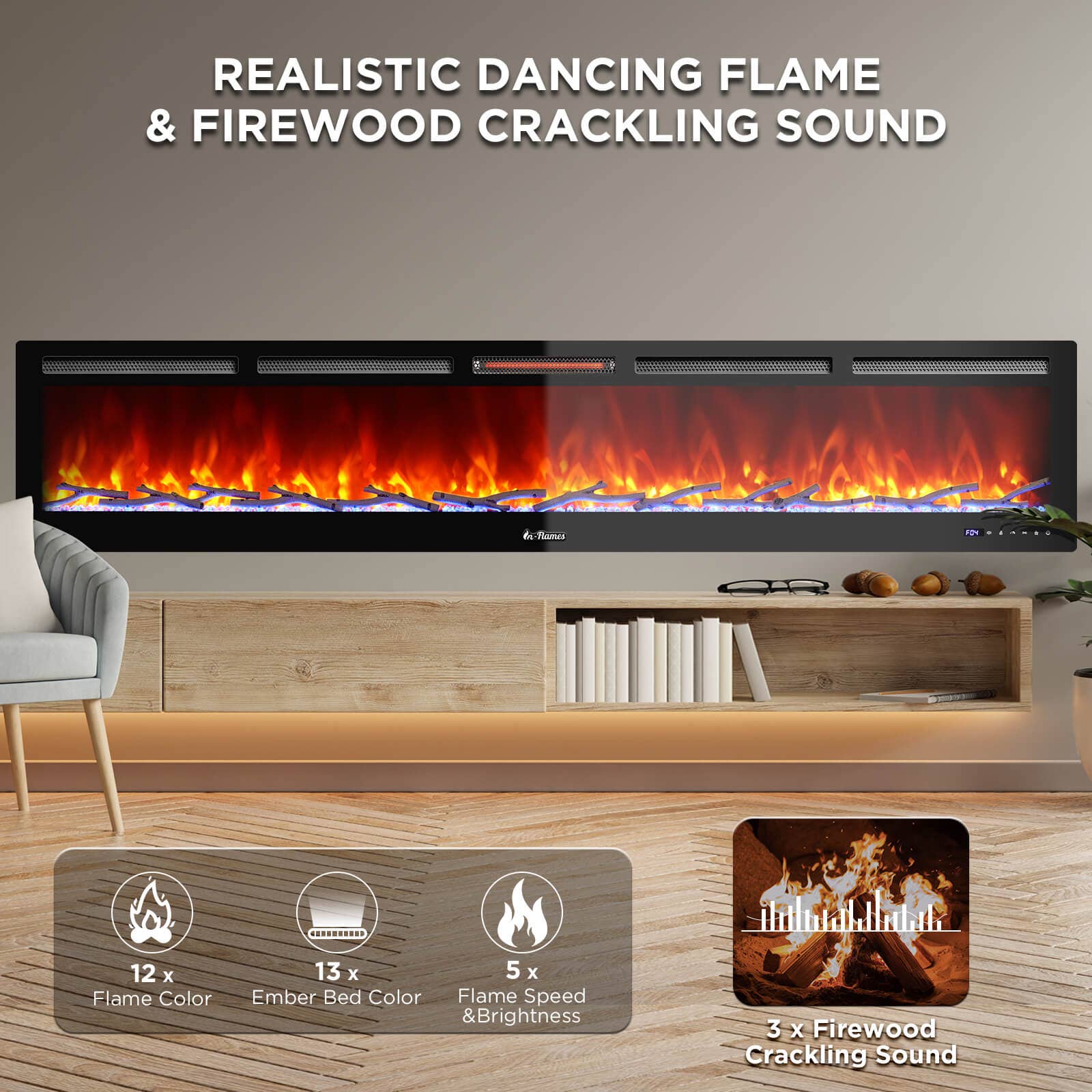 TURBRO - Wholesale Fireplace Screen - In Flames INF98W-3D WiFi Smart Wall Mounted Electric Fireplace - Tempered Glass1