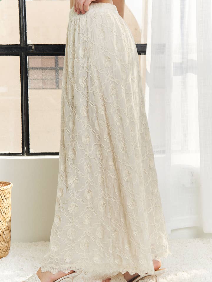 BEIGE CES3779WN- ELASTIC WAIST APPLIQUE MAXI SKIRT for wholesale on Faire