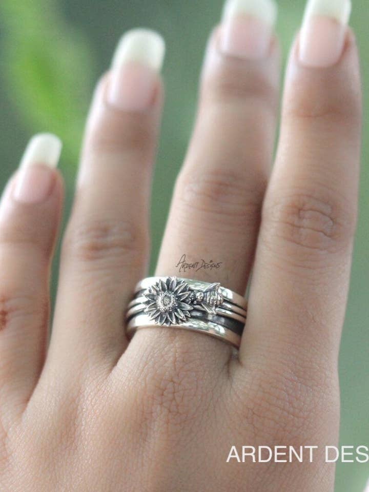 Sunflower Spinner Ring for Women, Sterling Silver Fidget Ring Band, SKU 6233 for wholesale by Ambra Jewels