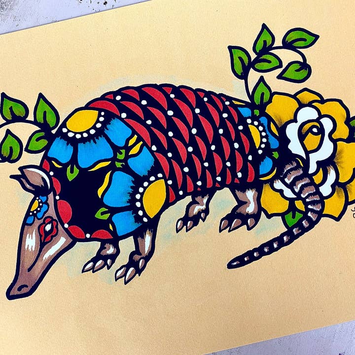 Traditional Tattoo Armadillo Folk Art Print for wholesale by Illustrated Ink