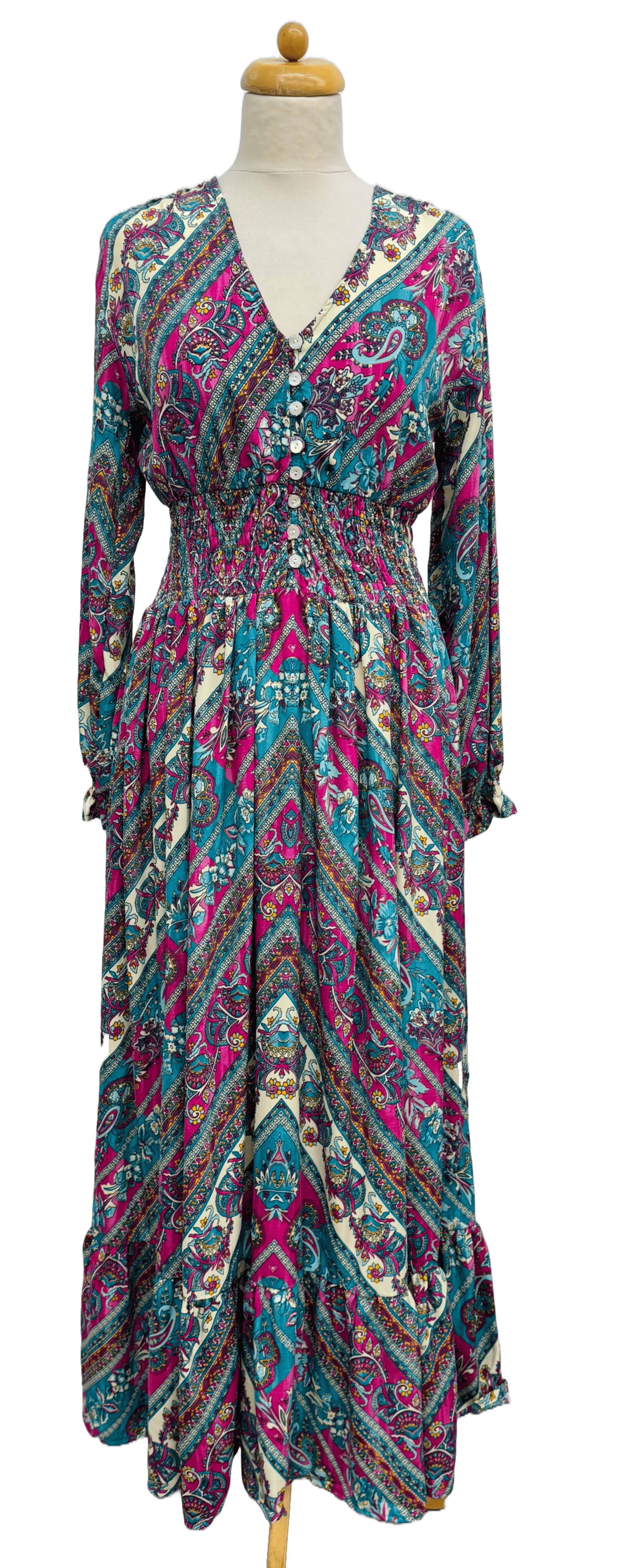 (COMBO NOIR - COMBO ROUGE - COMBO TURQUOISE) Robe en soie froide 100 % avec imprimé ethnique et taille smockée en vente sur Faire4