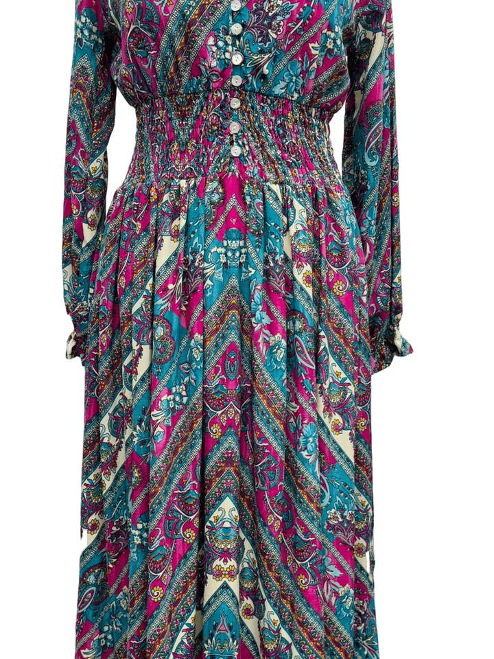 BLACK COMBO RED COMBO TURQUOISE COMBO  100% COLD SILK DRESS, ETHNIC PRINT, SMOCKING for wholesale on Faire4