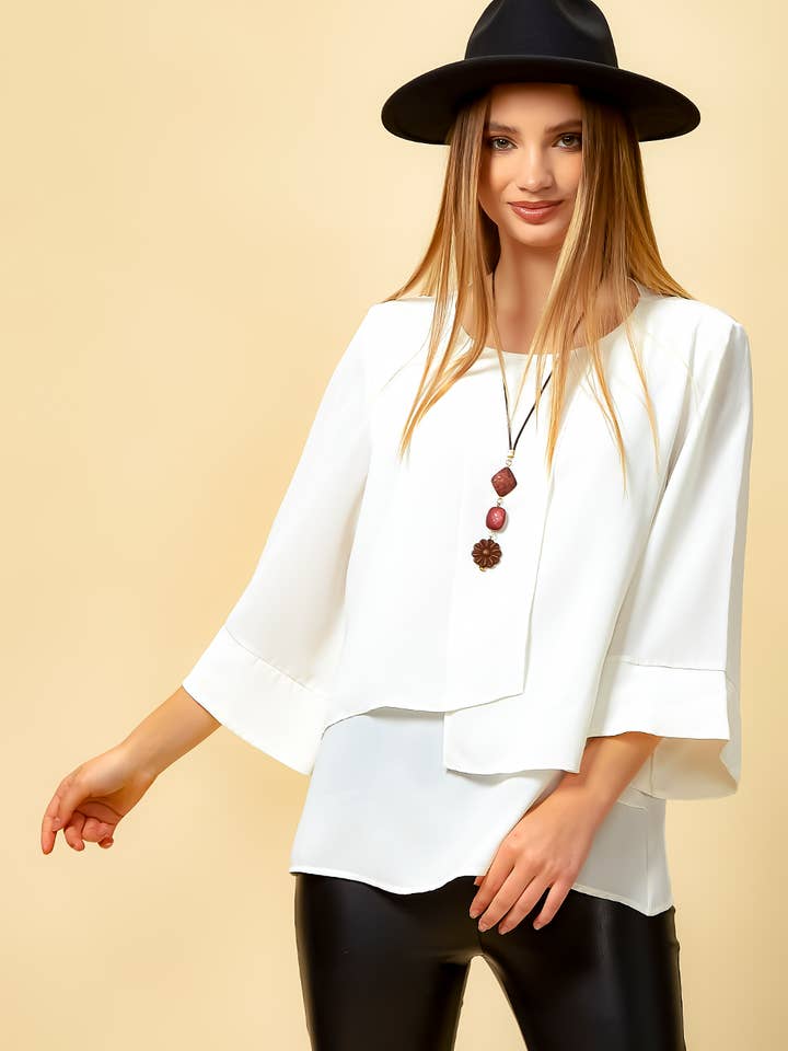 Layered Top With 3/4 Sleeves in White with Necklace for wholesale by Hoxton Gal