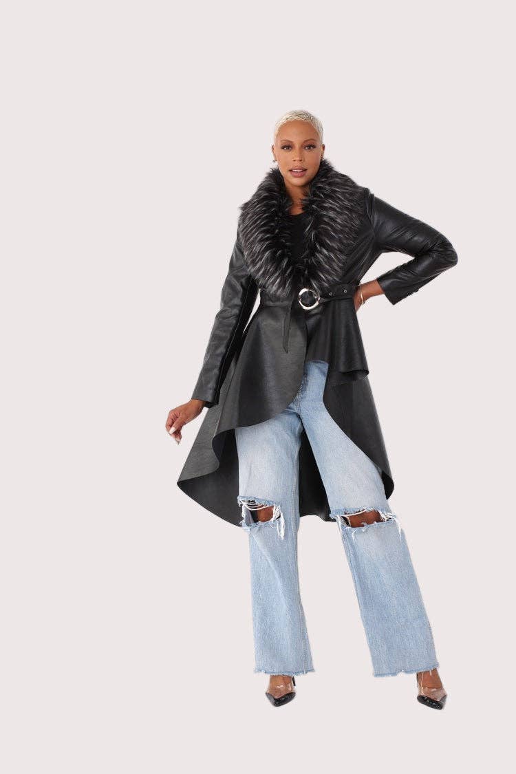 For Her NYC - Wholesale Fur/Faux Fur Coat - Women's - Leather Coat with Fur Collar -820545