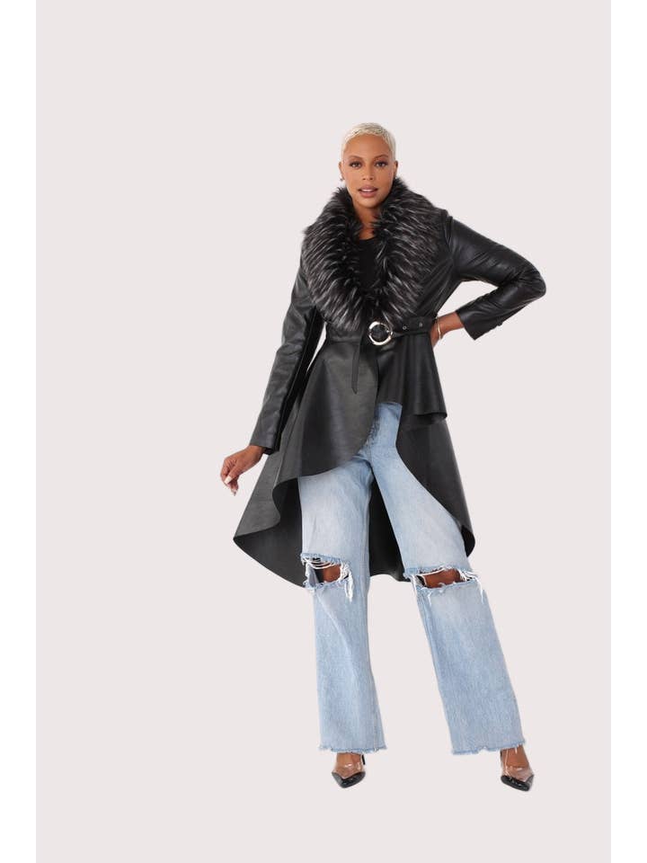 For Her NYC - Wholesale Fur/Faux Fur Coat - Women's - Leather Coat with Fur Collar -820545