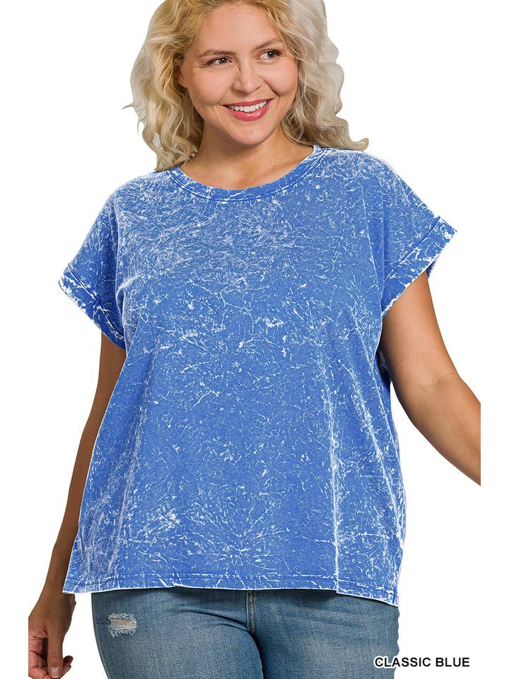 Vanilla Monkey - Wholesale Knit Top - Women's - Plus Crinkle Washed Round Neck Folded Short Sleeve Tee