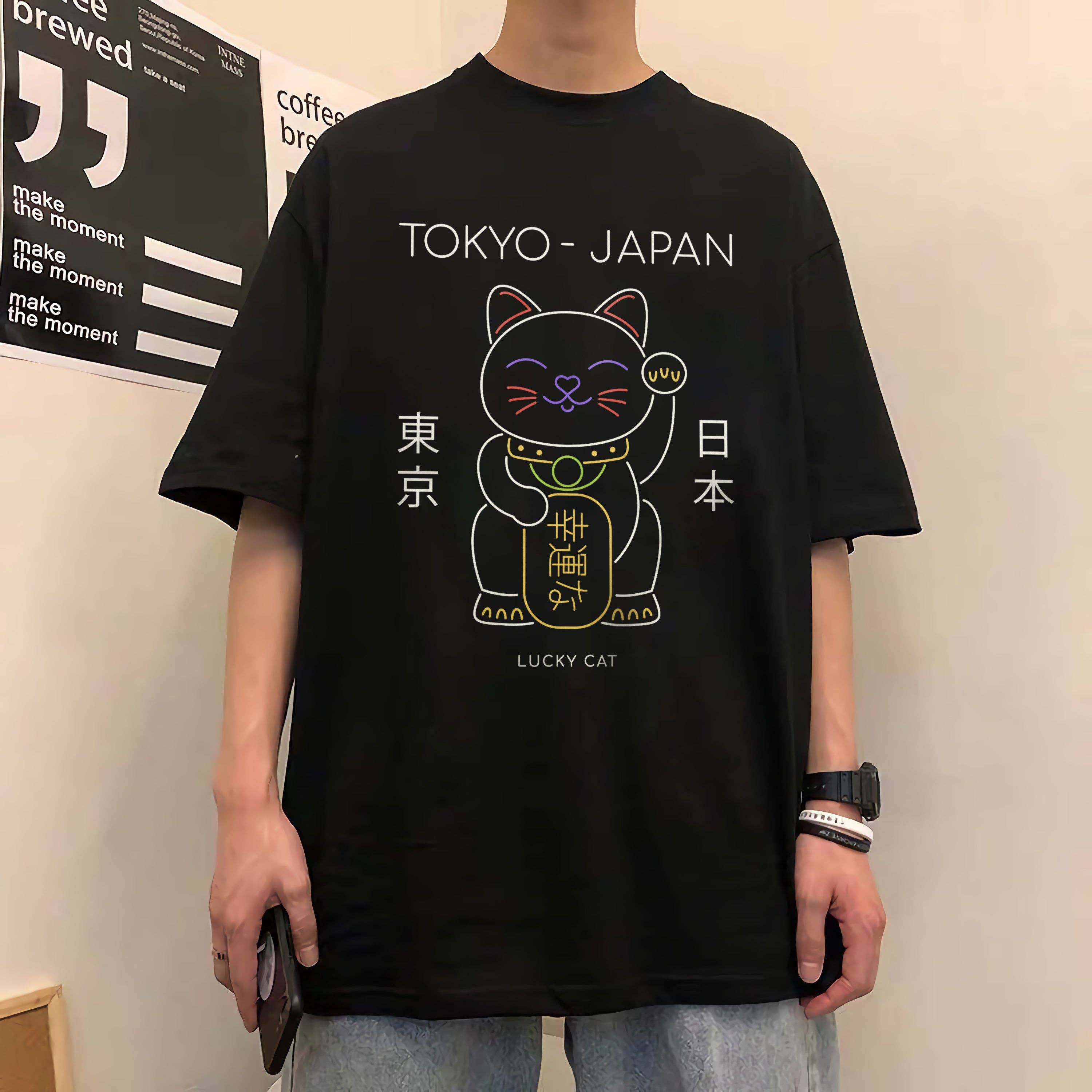Black Japanese Style Tee Toky-Japan Lucky Cat for wholesale on Faire0