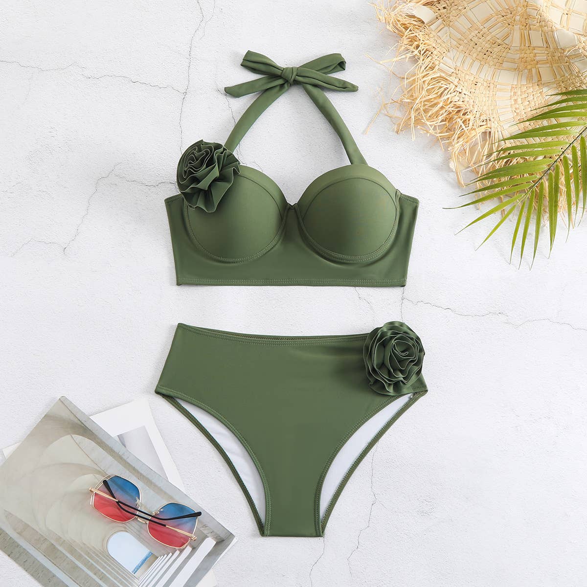 Green Solid color halter neck strappy two-piece swimsuit bikini for wholesale on Faire1