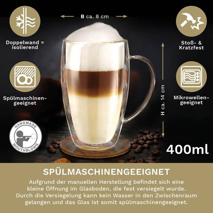 Creano - Wholesale Coffee Mug - Thermal glass with handle DG-SHH 400 ml, set of 6