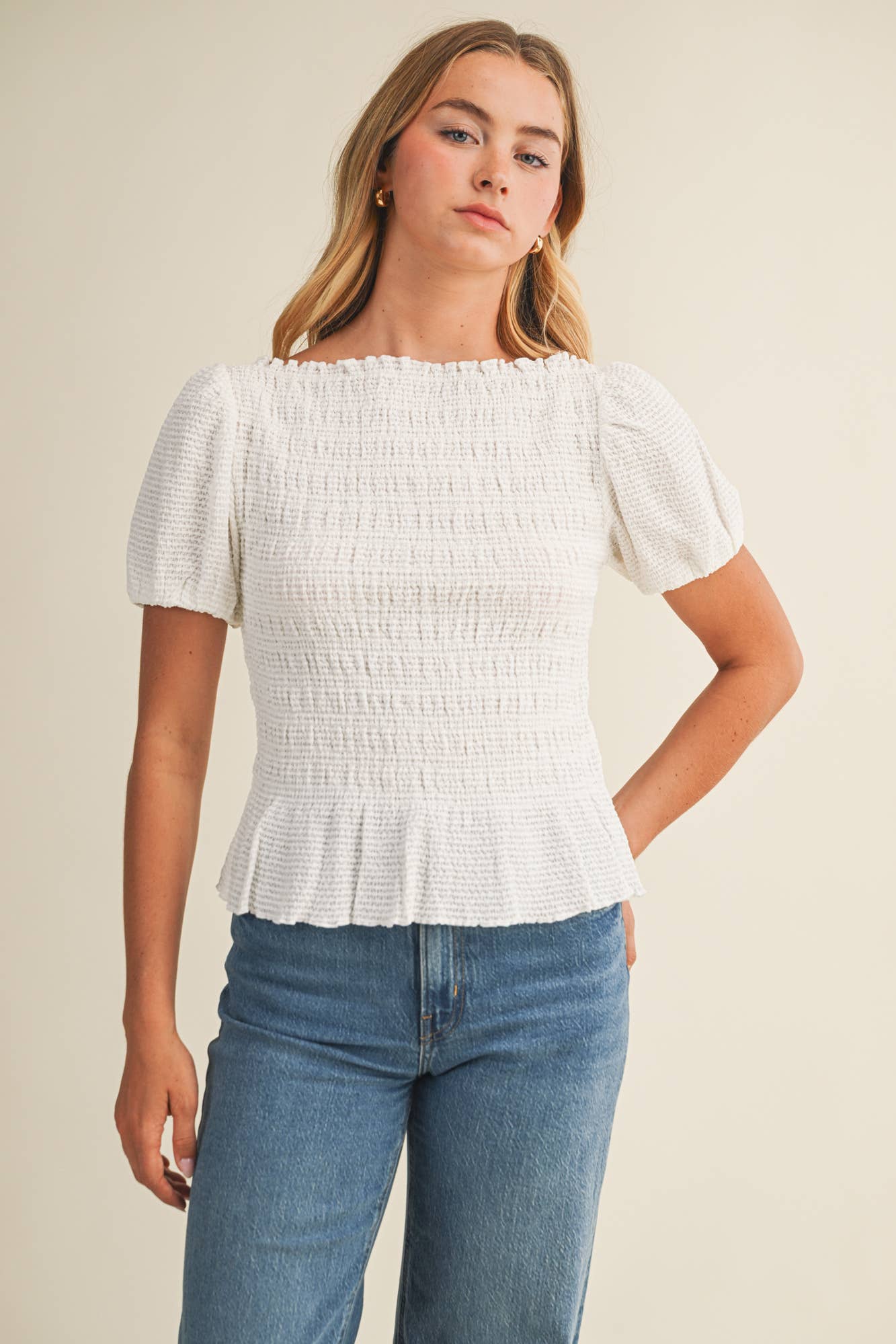 Mustard Seed - Wholesale Blouse - Women's - FLOCKED STRIPE SMOCKED PUFF SLEEVE TOP7