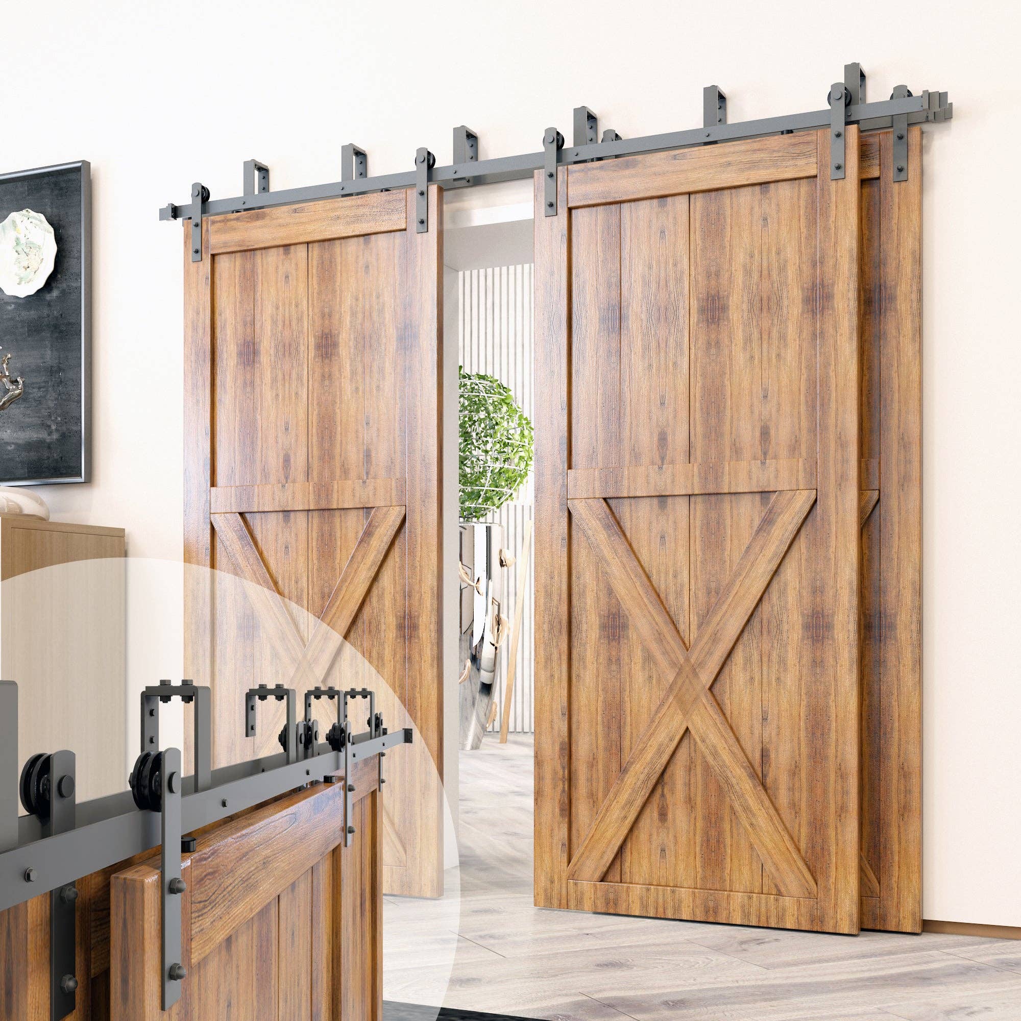 Homacer INC - Wholesale Knob/Pull - Double Track U-Shape Bypass Sliding Barn Door Hardware Kit - Straight Design Roller7