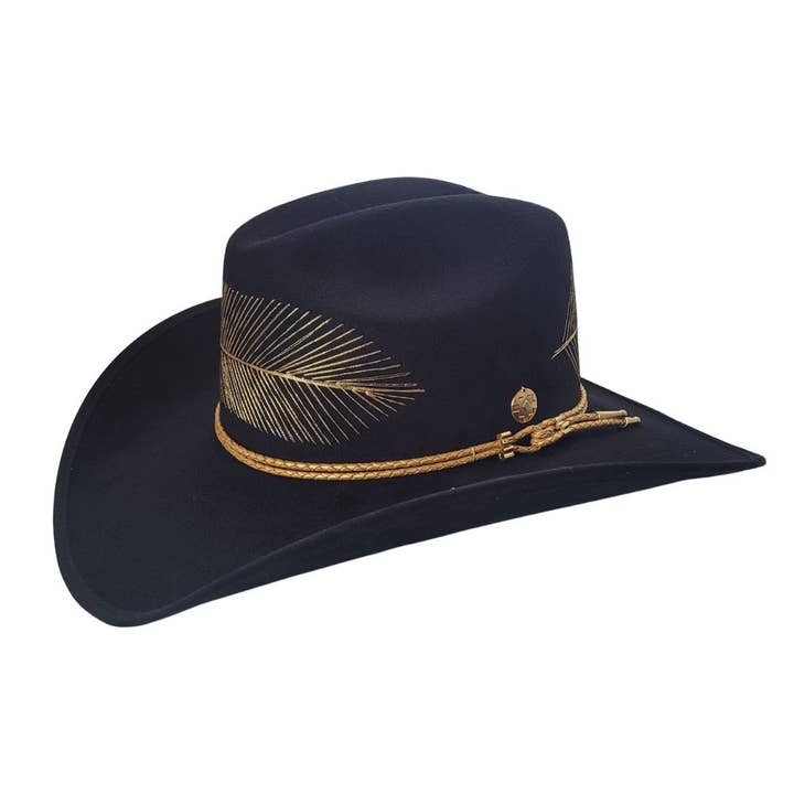 PETRA SAVAGE - Wholesale Cowboy Hat – Women’s - Kylin Black Suede Cowboy Hat with Gold Feather Embroidery2