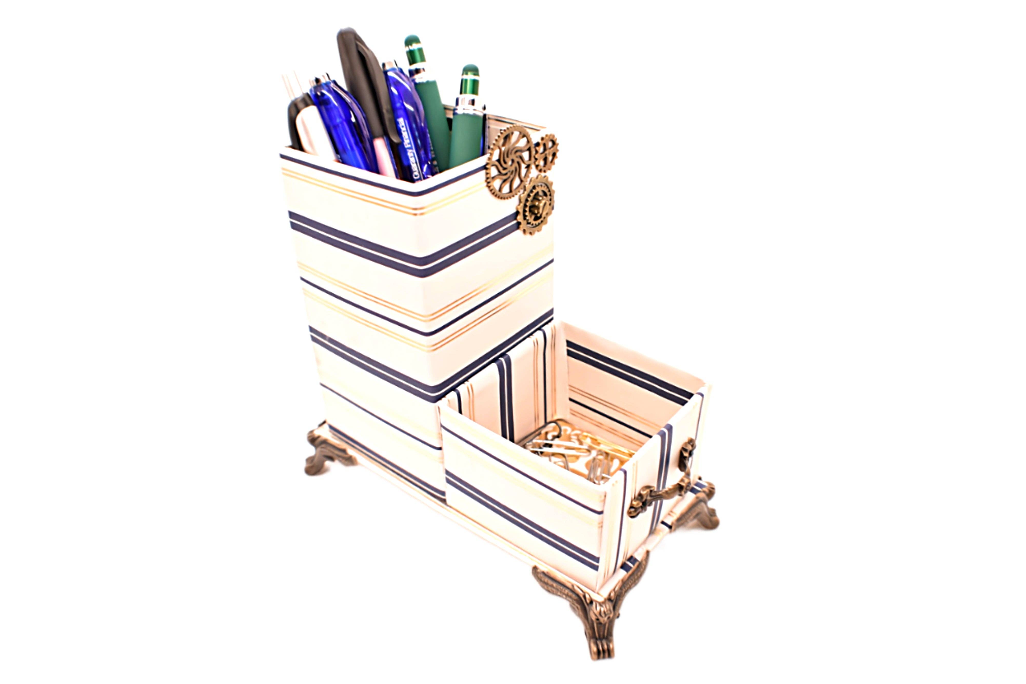 Chic Brico - Wholesale Desk Organizer - Navy Blue & Gold Nautical Stripes Desktop Organizer for Pens and Clips w/Metal Gears Accent2