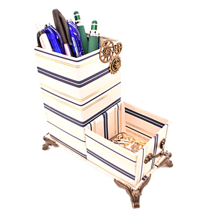 Chic Brico - Wholesale Desk organiser - Navy Blue & Gold Nautical Stripes Desktop Organizer for Pens and Clips w/Metal Gears Accent2