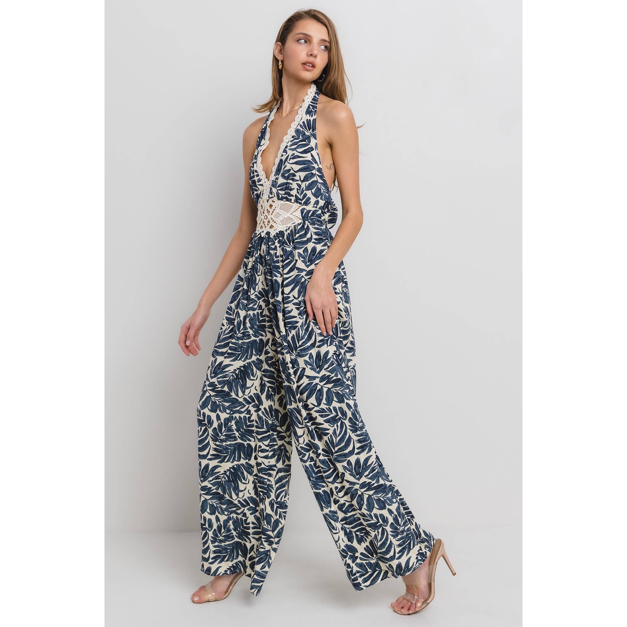 MULTI HALTER NECK JUMPSUIT WITH TRIM DETAIL for wholesale on Faire6