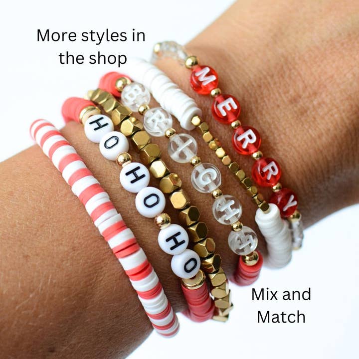 Two and Crew - Wholesale Beaded Bracelet - Merry and Bright Christmas Holiday Red & White bracelet set