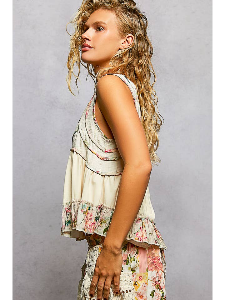 Pol Clothing - Wholesale Tank Top - Women's - Square Neck Soft POL Jersey Floral Trim Boho Tank Top22