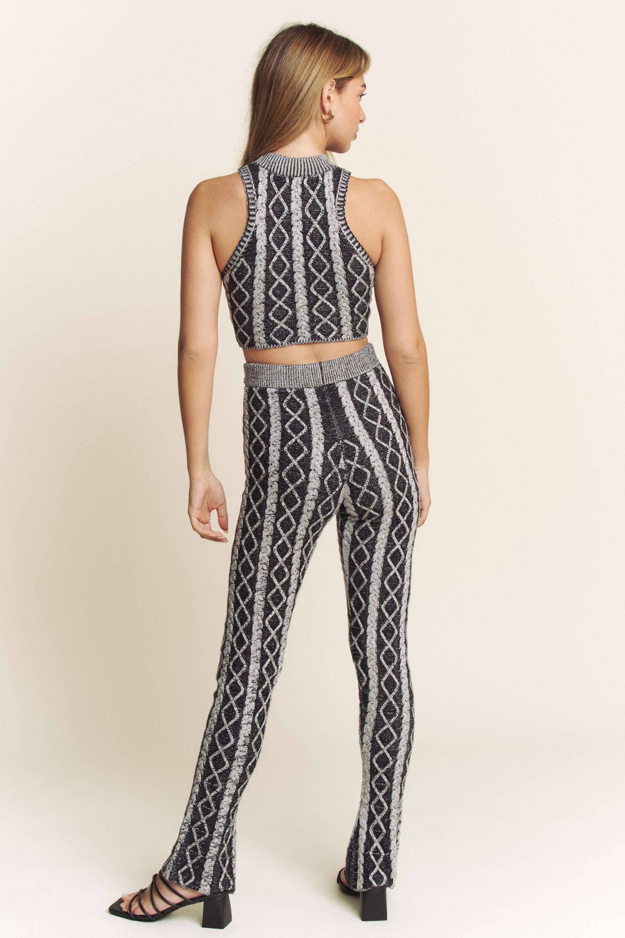Black CABLE KNIT MOCK NECK TOP AND PANTS SET for wholesale on Faire5