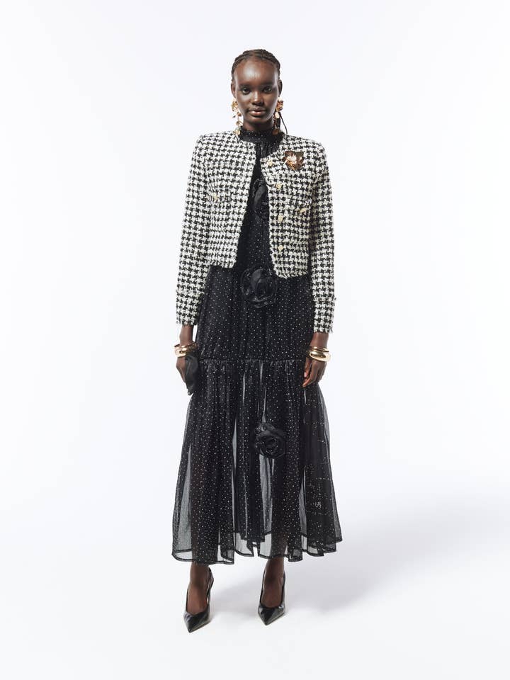 SOUR FIGS LONDON - Wholesale Jacket - Women's - Brooch-detail Bouclé Tweed Jacket in Black and White Houndstooth