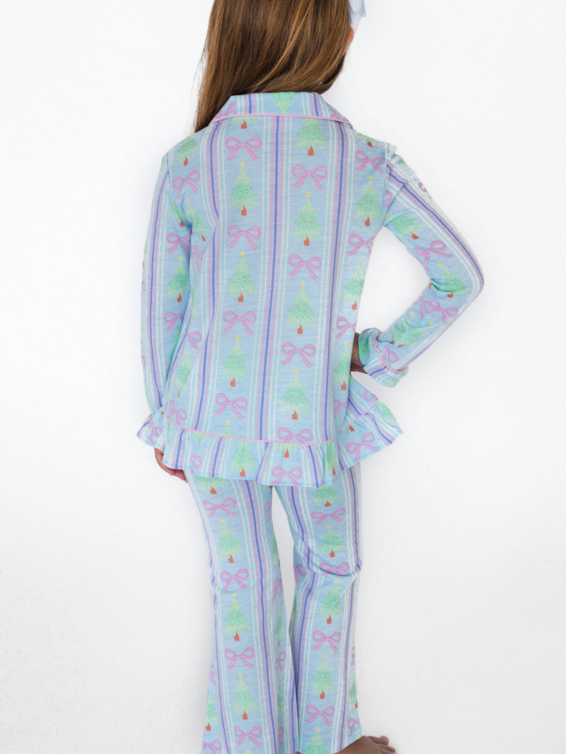 Blue SoftSnooze™ Girls Merry Bow Dreams Long Sleeve Button Up Ruffle Flare Pajama Set for wholesale on Faire2