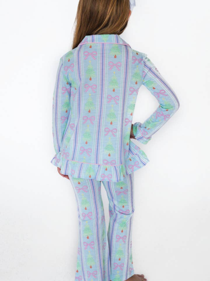 Blue SoftSnooze™ Girls Merry Bow Dreams Long Sleeve Button Up Ruffle Flare Pajama Set
for wholesale on Faire2