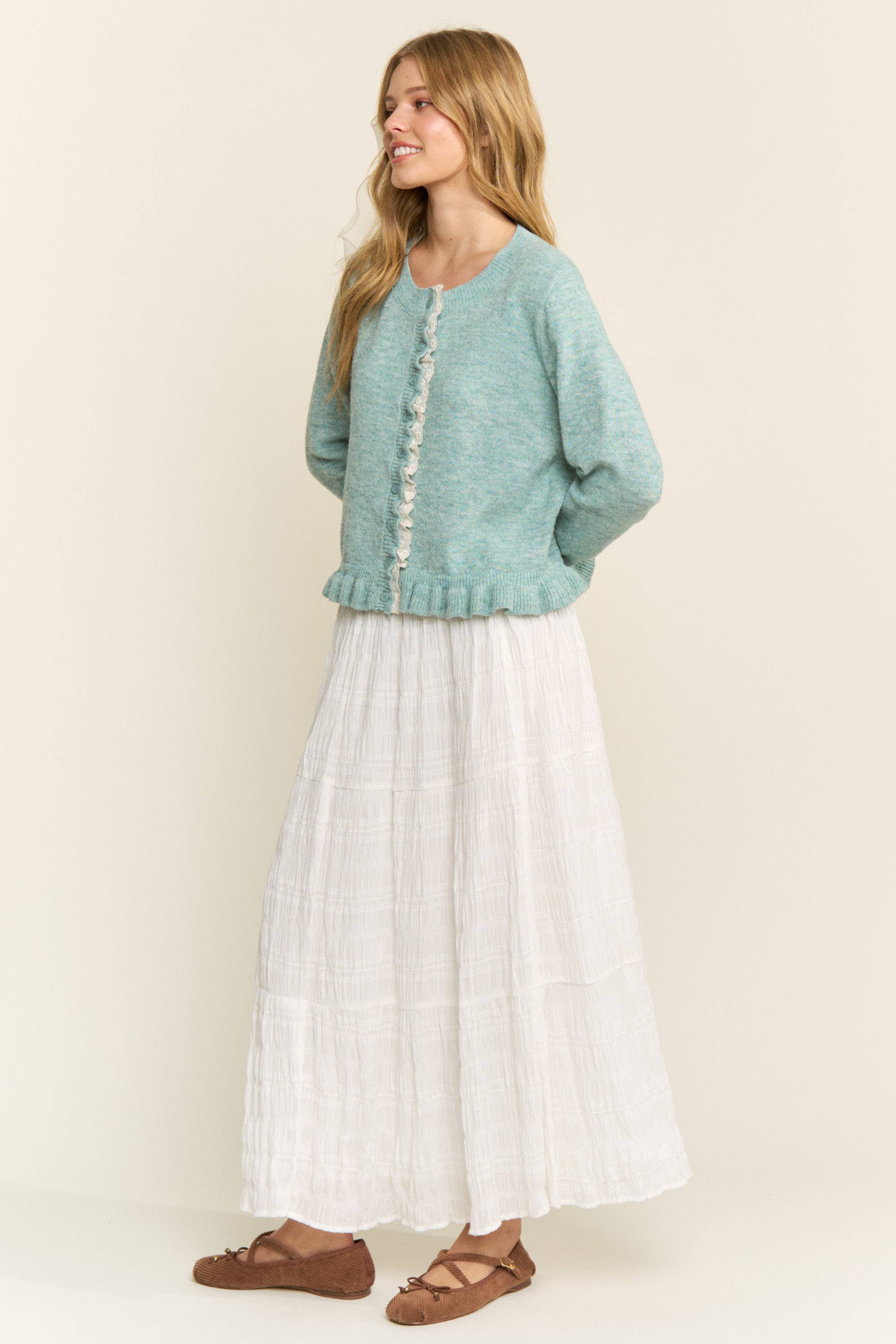 CANDESCENT - Wholesale Cardigan - Women's - Lace Trim Ruffle Hem Cardigan16