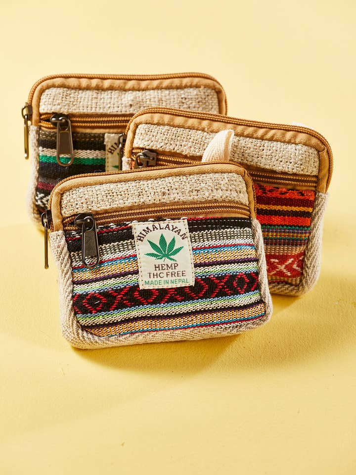 Portamonete in canapa naturale e tessuto gheri con cerniera per la vendita all'ingrosso da parte di Namaste