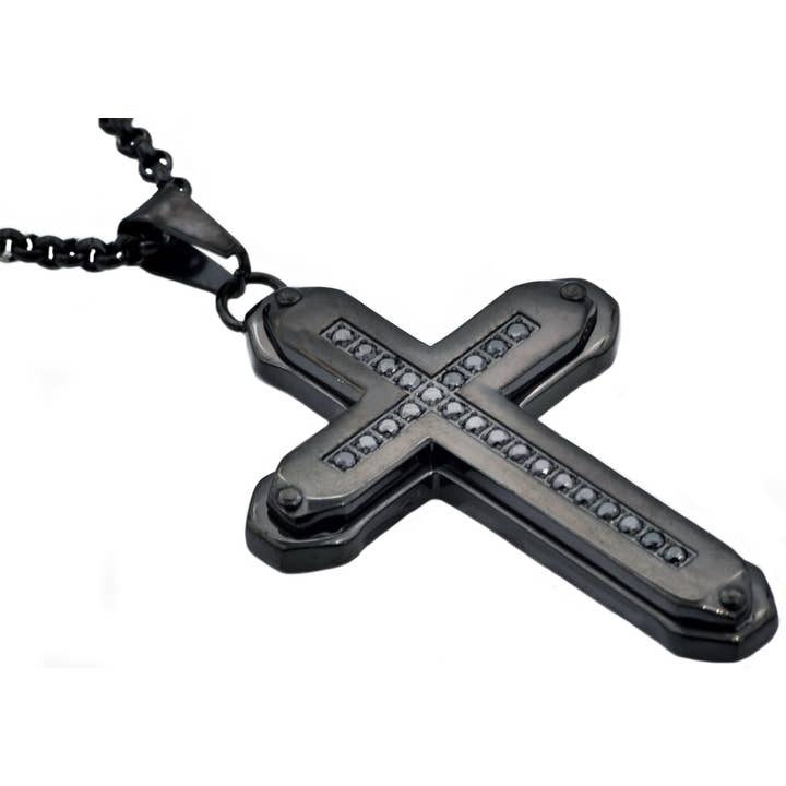Men's Black Stainless Steel Cross Pendant Necklace With Black Cubic Zirconia for wholesale by Blackjack Mens Jewelry